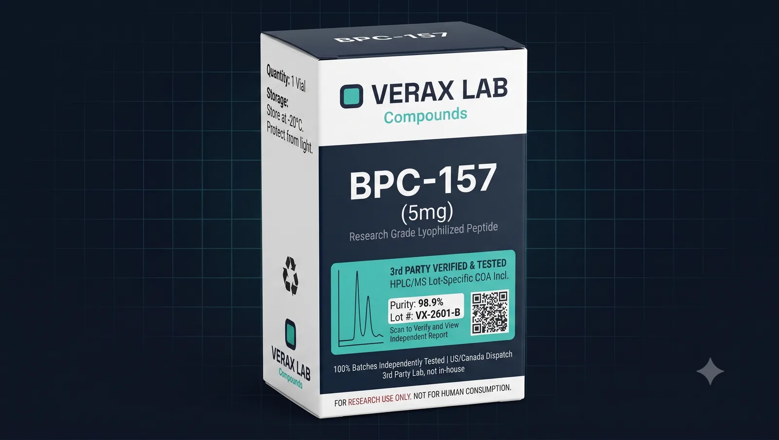 BPC-157 5 mg retail carton with purity and lot code
